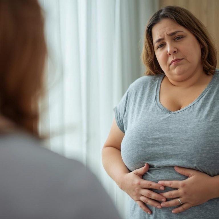 una mujer con digestión lenta o metabolismo lento viendose al espejo con un poco de sobrepeso y agarandose su panza triste