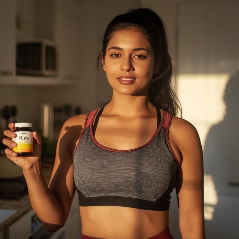 una mujer con ropa deportiva por la mañana en su cocina con un frasco de k2 y vitamina d3