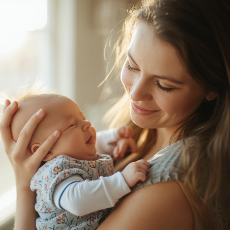 una mujer de 36 años cargando a su bebe sonriendo viendolo en su habitacion