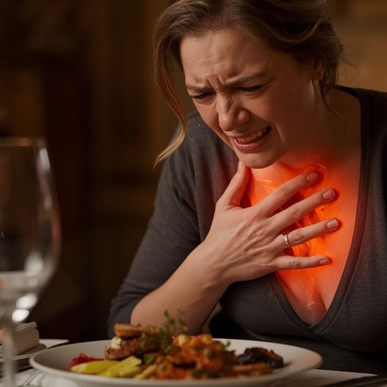 una mujer disfrutando de una deliciosa comida, y de repente, una sensación de ardor invade tu pecho se toca y tiene cada de sufrimiento