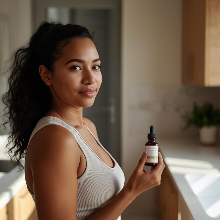 una mujer en la cocina de su casa tomando probioticos