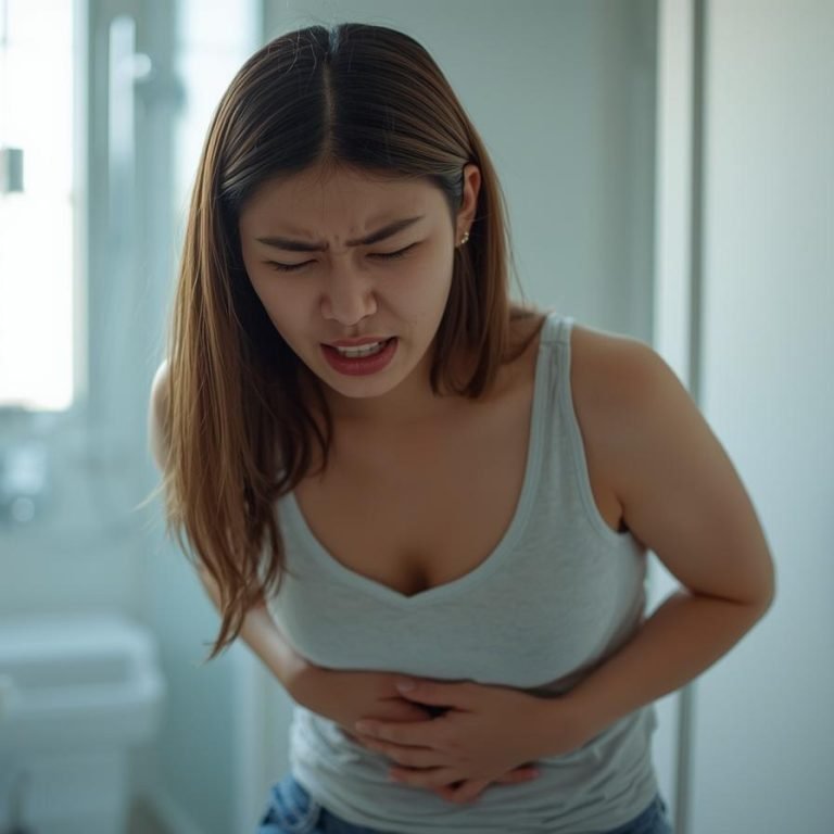 una mujer en su baño con dolor de estomago
