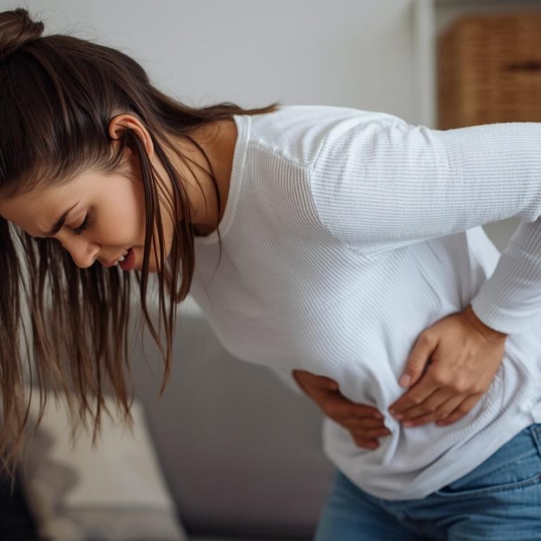 una mujer en su casa inclinada leve con un dolor de estomago (1)