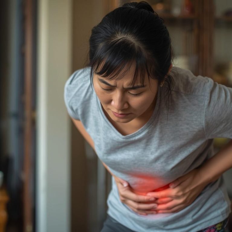 una mujer en su casa inclinada leve con un dolor de estomago