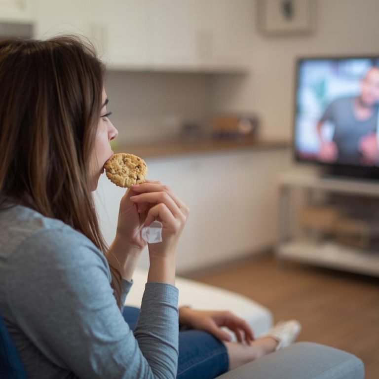 una mujer en su cocina comiendo galletas sentada viendo tele