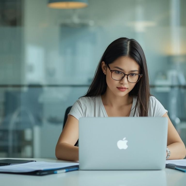 una mujer en su oficina concentrada trabajando (1)