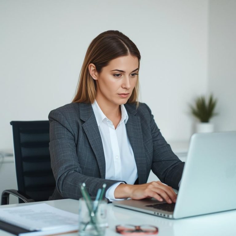 una mujer en su oficina concentrada trabajando
