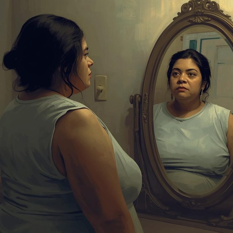 una mujer en su recamara viendo al espejo su cuerpo con sobre peso y baja energia