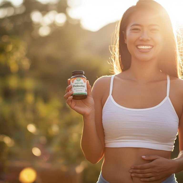 una mujer feliz en la mañana tomando probioticos con el estomago sano