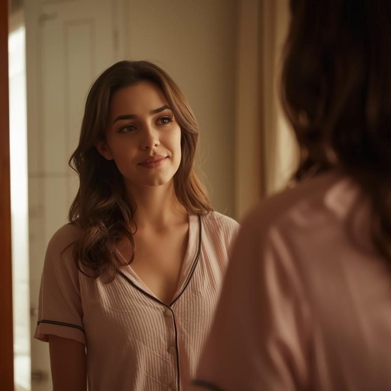 una mujer joven en la mañana en pijama frente al espejo