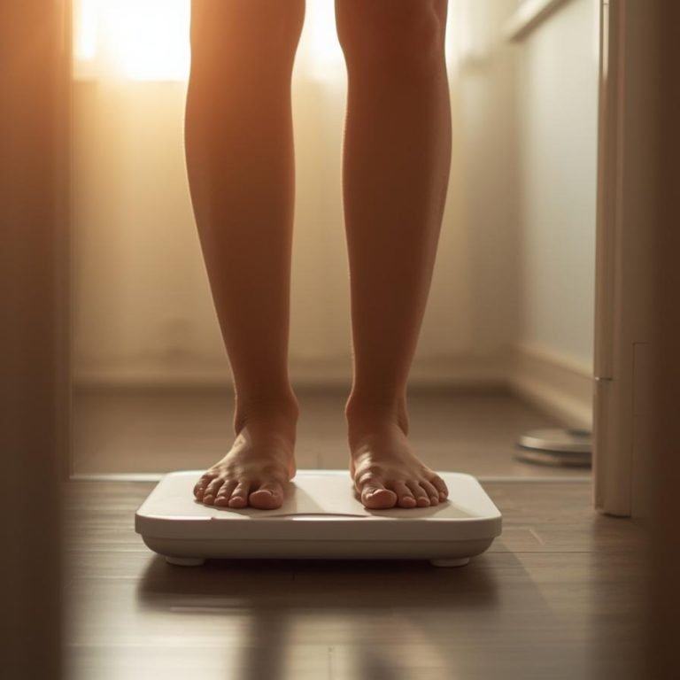 una mujer por la mañana encima de una bascula viendo su peso