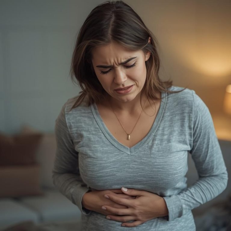 una mujer sentiendo pesadez o malestar después de comer
