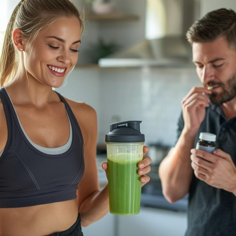 una mujer tomado licuado de proteína en su cocina y un hombre tomado suplementos de magnesio
