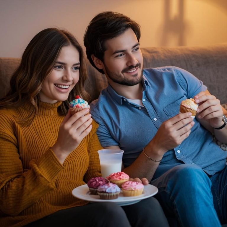 una mujer y un hombre comiendo antojos dulces y viendo television