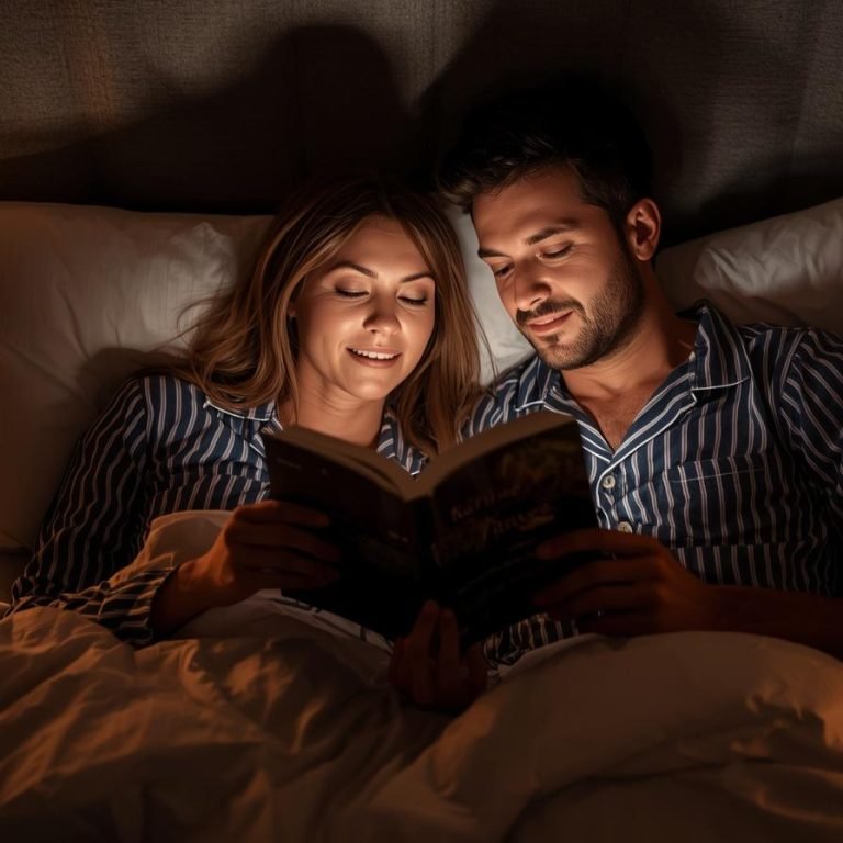 una mujer y un hombre con pijama en su cama con luz muy suave a las 8_00 pm leyendo un libro y en la mesa de alado magnesio y agua