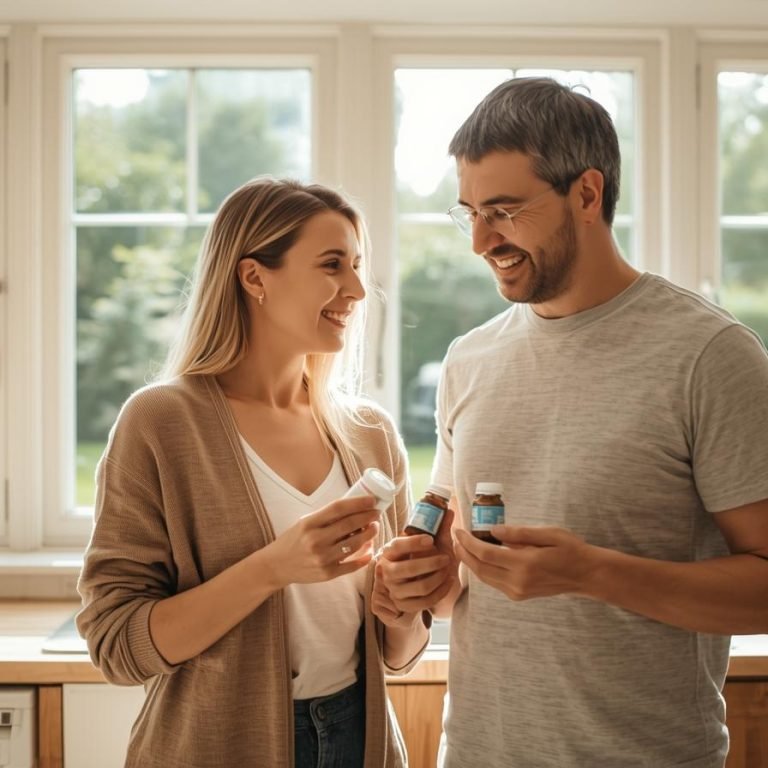 una mujer y un hombre en la cocina de su casa con vista al jardin tomando calcio y vitamina k2