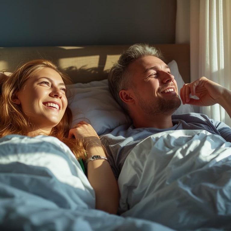 una pareja adulta despertando con energía vitalidad y sonriendo ella en la cama y el asomado a la ventana