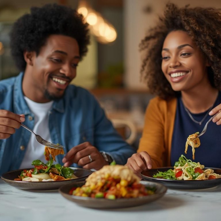 una pareja comiendo en un restaurante comida saludable