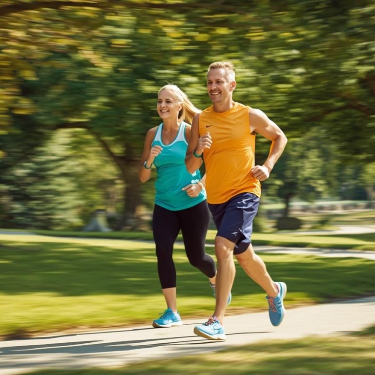 una pareja con ropa deportiva corriendo en el parque edad 48 años