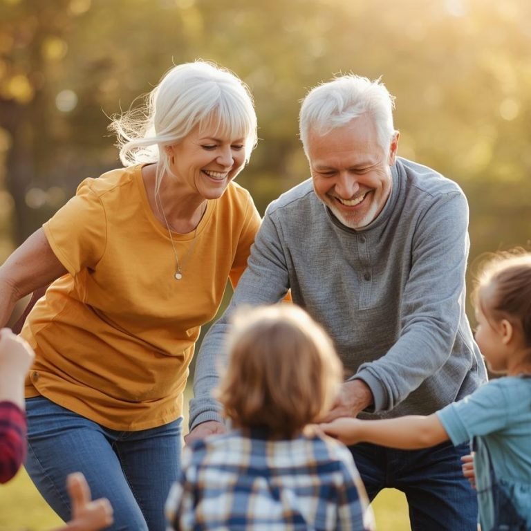 una pareja de 50 años sanos jugando con sus nietos
