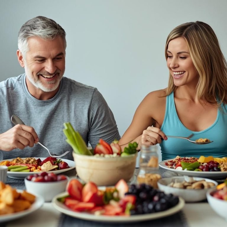 una pareja de adultos de 46 años desayunando sano y haciendo ejercicio de fuerza