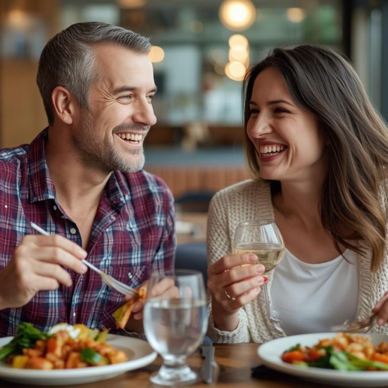 una pareja de48 años comiendo en un restaurante comida saludable y riando (2)