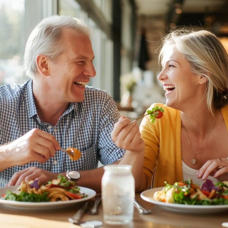 una pareja de48 años comiendo en un restaurante comida saludable y riando