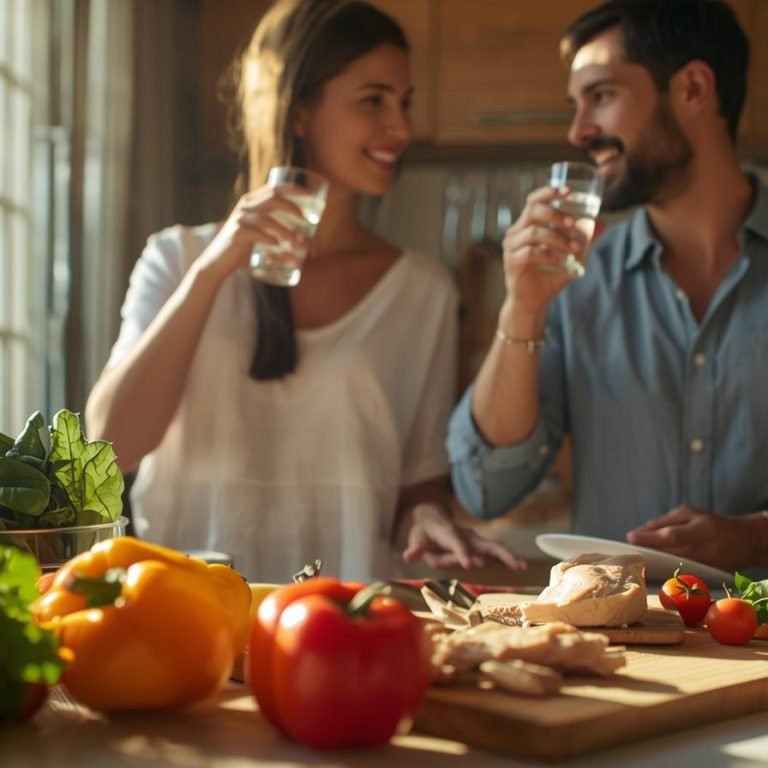 una pareja en la cocina de su casa comiendo sano con agua y verduras y pollo (1)