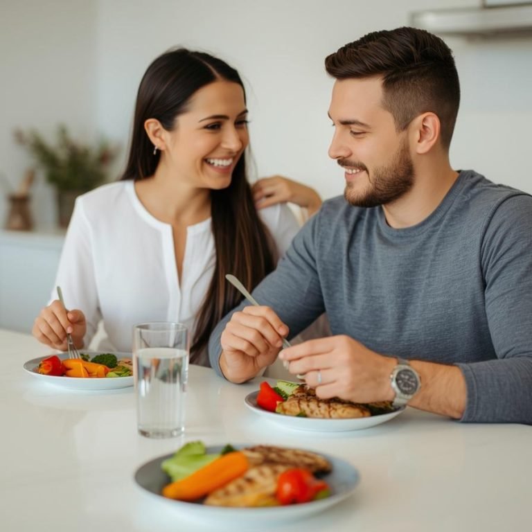una pareja en la cocina de su casa comiendo sano con agua y verduras y pollo