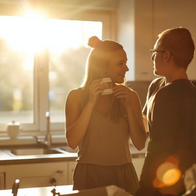 una pareja en su cocina por la mañana entra el sol por la ventana y ellos toma probioticos (1)