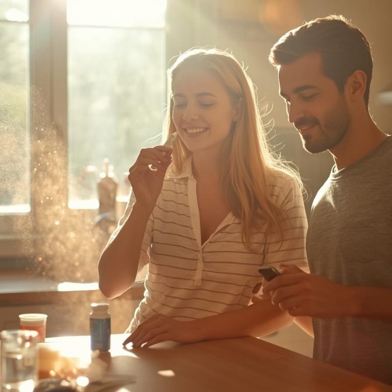 una pareja en su cocina por la mañana entra el sol por la ventana y ellos toma probioticos (2)