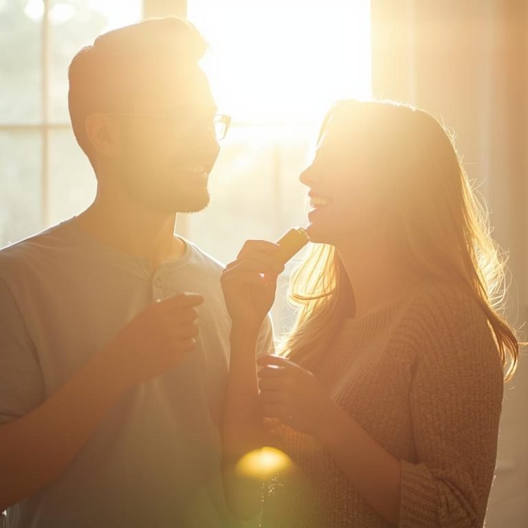 una pareja en su cocina por la mañana entra el sol por la ventana y ellos toma probioticos