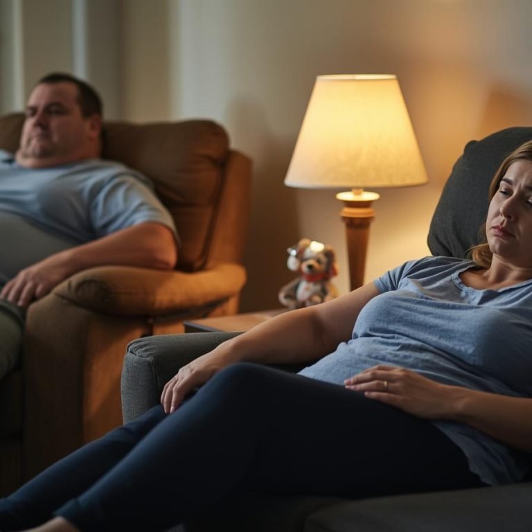 una pareja en su sala un hombre sentado en el sillo con sobrepeso y una mujer acostada viendo tele como fatigada