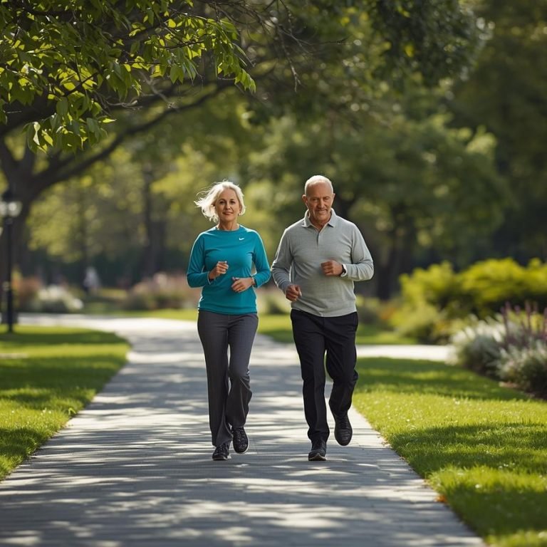 una pareja hombre y mujer de 50 años agil caminando por el parque