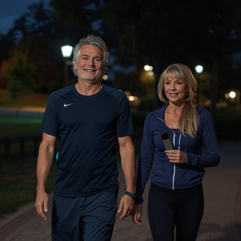 una pareja hombre y mujer de 50 años con ropa deportiva caminado por la noche en el parque
