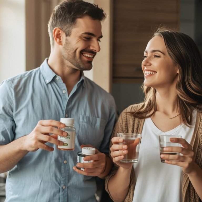 una pareja tomando probioticos en la mañana