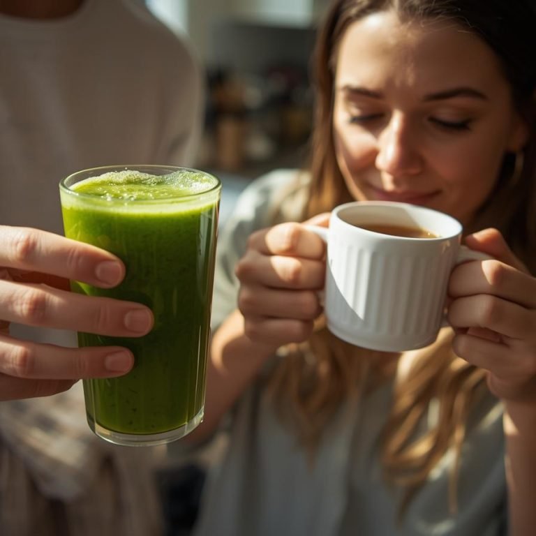 una pareja tomando un licuado verde y otro tomado te de canela en la cocina d su hogar