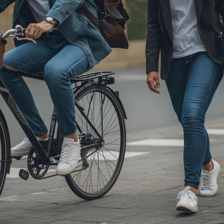 una pareja yendo al trabajo el hombre en bici y ella caminando vetidos con jeans tenis playera y blazer