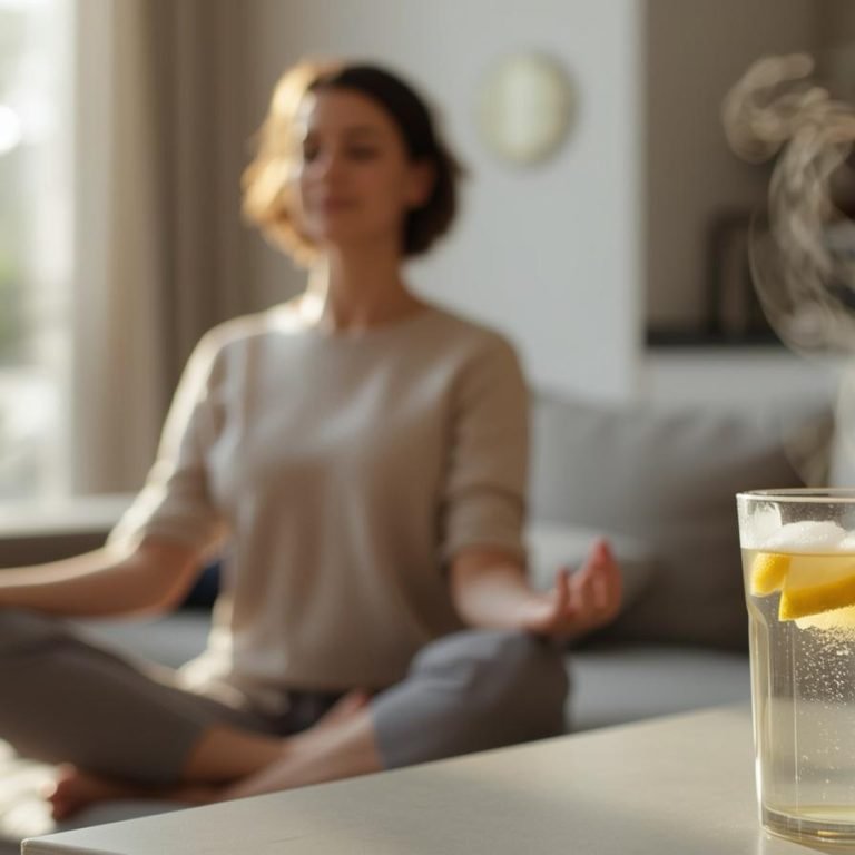 una persona en su sala meditando y al fondo en la cocina un vaso con agua caliente y limon (1)
