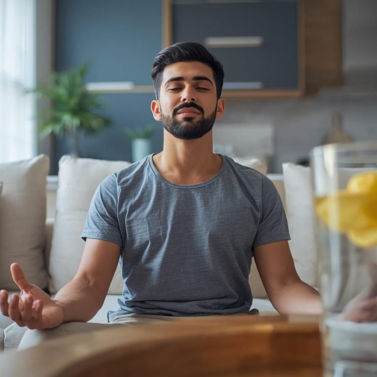 una persona en su sala meditando y al fondo en la cocina un vaso con agua caliente y limon