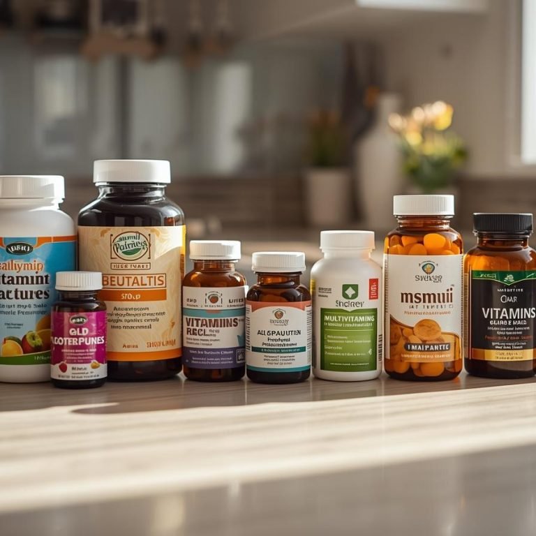 varios frascos con vitaminas y multivitaminas en la barra de la cocina de una casa