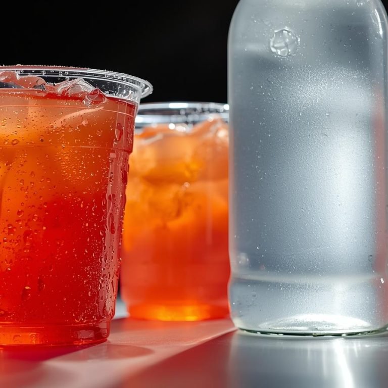 vasos con bedida energética y botella con Electrolitos